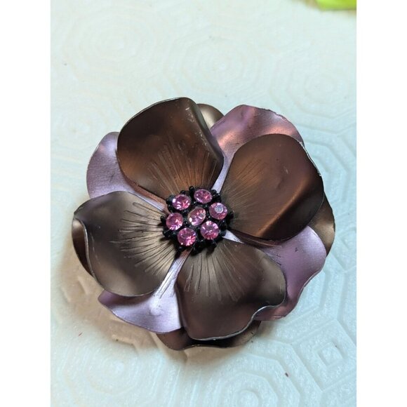VTG Metal Enamel Flower Brooche Pin Satin Pink Brown Fucsia Rhinesto Large 2.5" - Picture 4 of 8